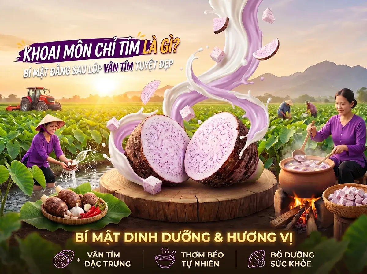 Khoai môn chỉ tím bổ đôi lộ rõ phần ruột trắng vân tím tự nhiên sắc nét.