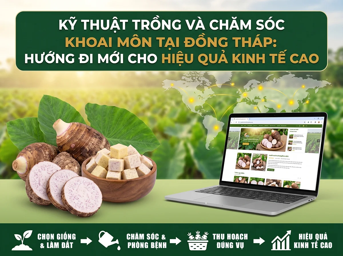 Banner kỹ thuật trồng khoai môn Đồng Tháp với lộ trình chăm sóc đạt hiệu quả kinh tế.