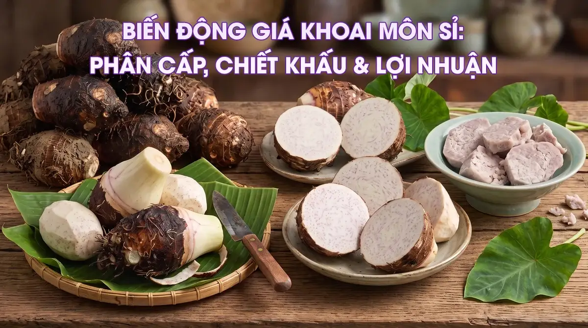 Bảng phân cấp giá sỉ khoai môn cao chỉ tím theo kích thước củ và chính sách chiết khấu sản lượng cho công ty