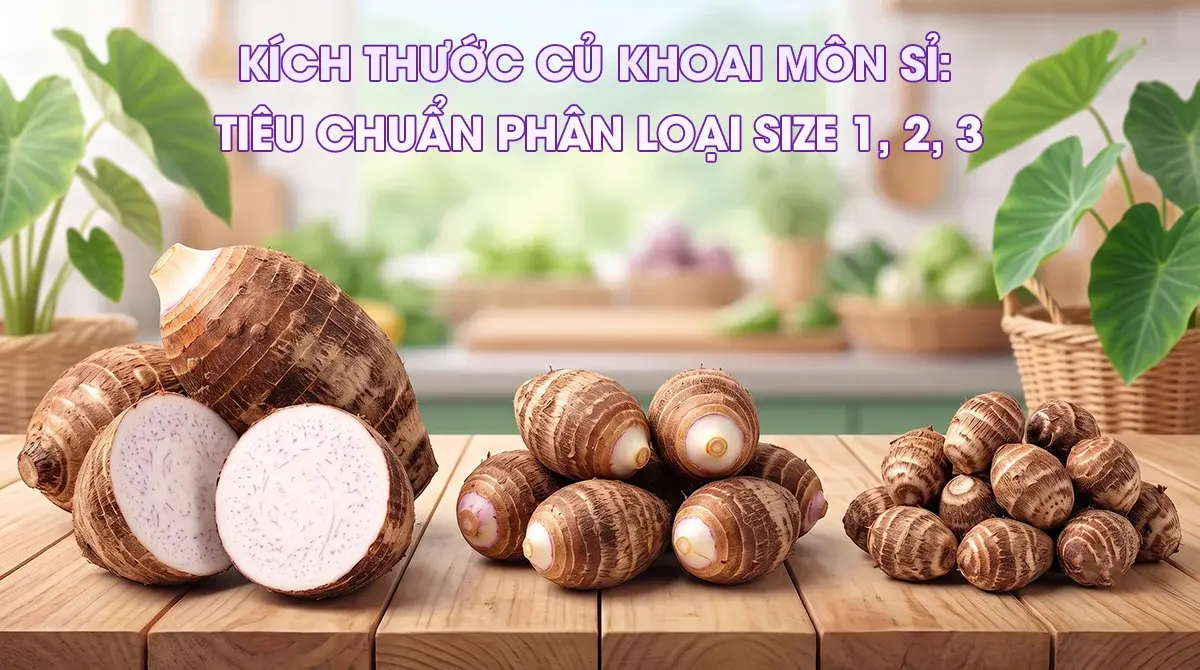 So sánh kích thước các size phân loại 1, 2, 3 của củ khoai môn cao chỉ tím chuyên cung cấp sỉ cho chợ đầu mối