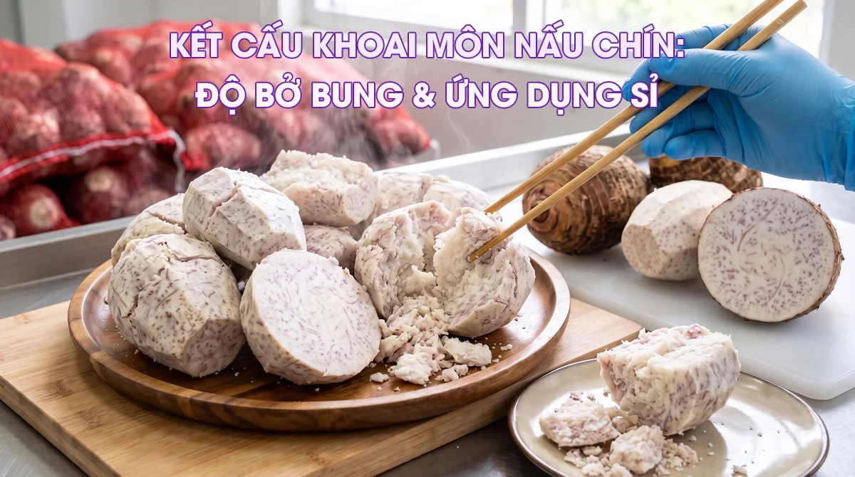 Đặc trưng kết cấu bở bung và xốp khi nấu chín của khoai môn cao chỉ tím phục vụ kiểm định KCS hàng sỉ