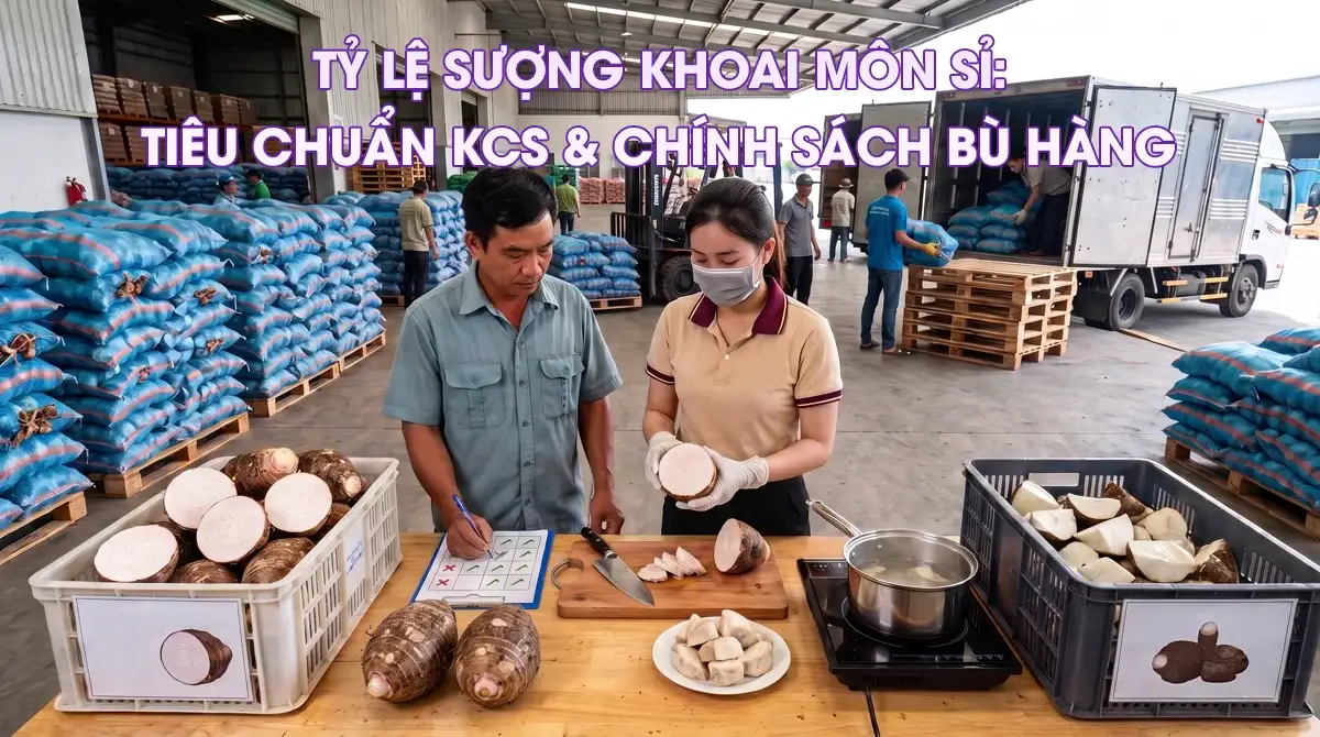 Hai nhân viên KCS đang cắt mẫu, luộc thử nghiệm trên bếp và ghi chép checklist để kiểm định tỷ lệ sượng khoai môn sỉ tại kho nông sản.