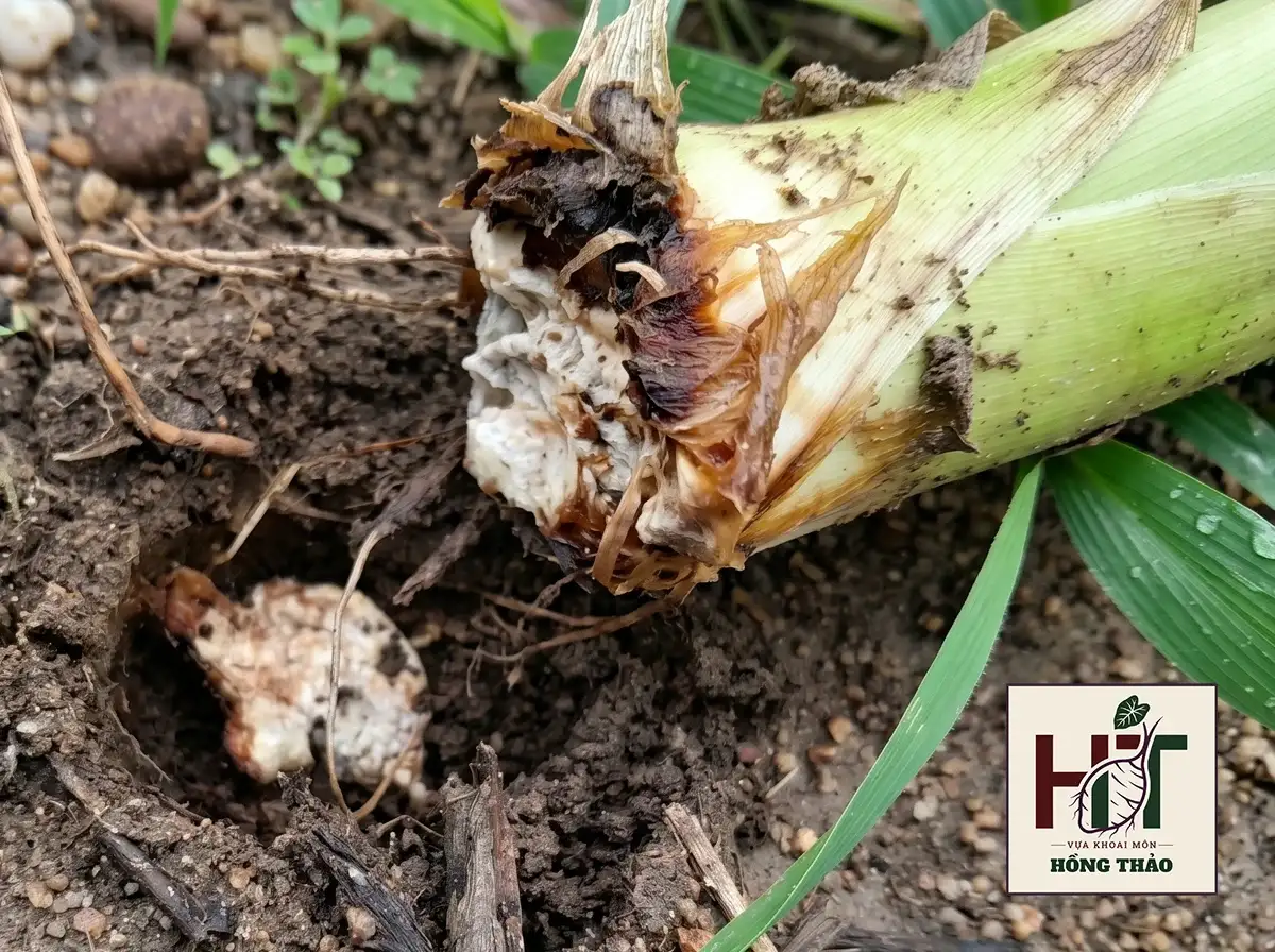 Cận cảnh củ khoai môn bị thối khô hoại tử tạo thành khối xốp trắng bở mục dưới gốc.