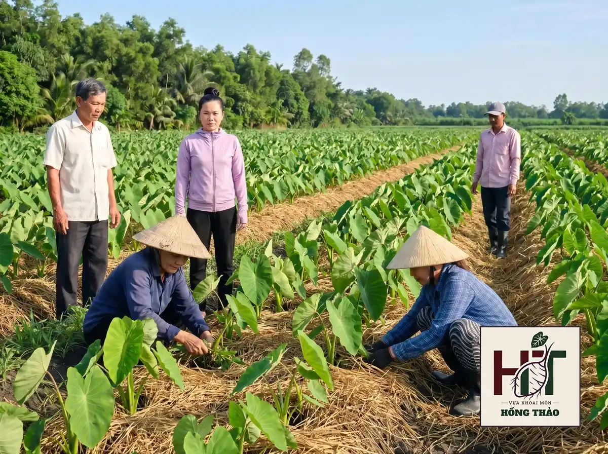 Nông dân nhổ cỏ bằng tay để chăm sóc khoai môn 1 tháng tuổi trên mặt líp.