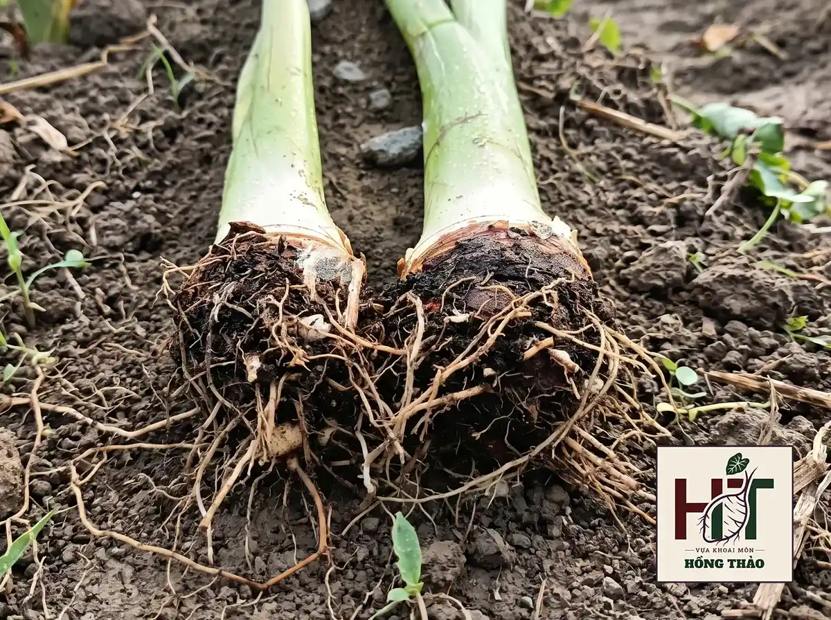 Cận cảnh đầu củ khoai môn 4 tháng tuổi có bẹ lá mập mạp, rễ tơ bám chắc.