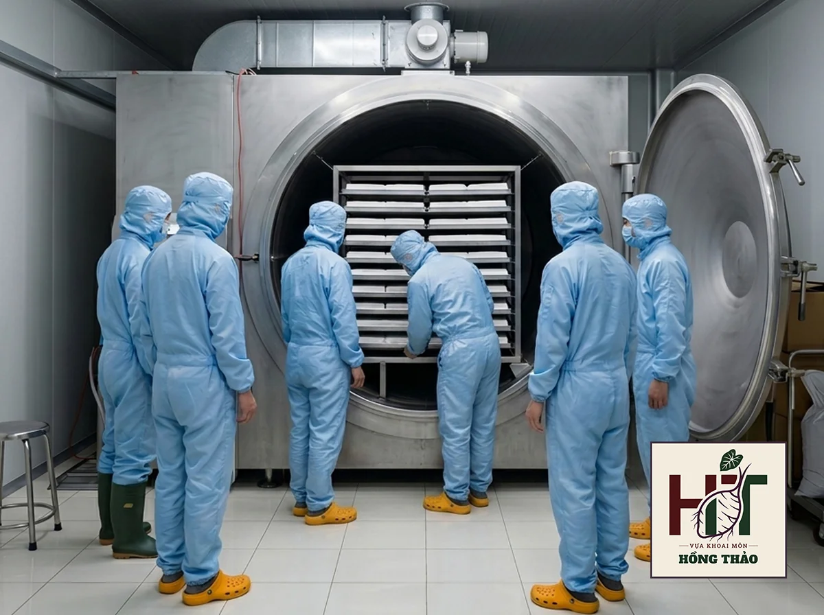 Buồng máy sấy thăng hoa chân không công nghiệp giúp khoai môn giữ nguyên hình dáng, màu sắc.