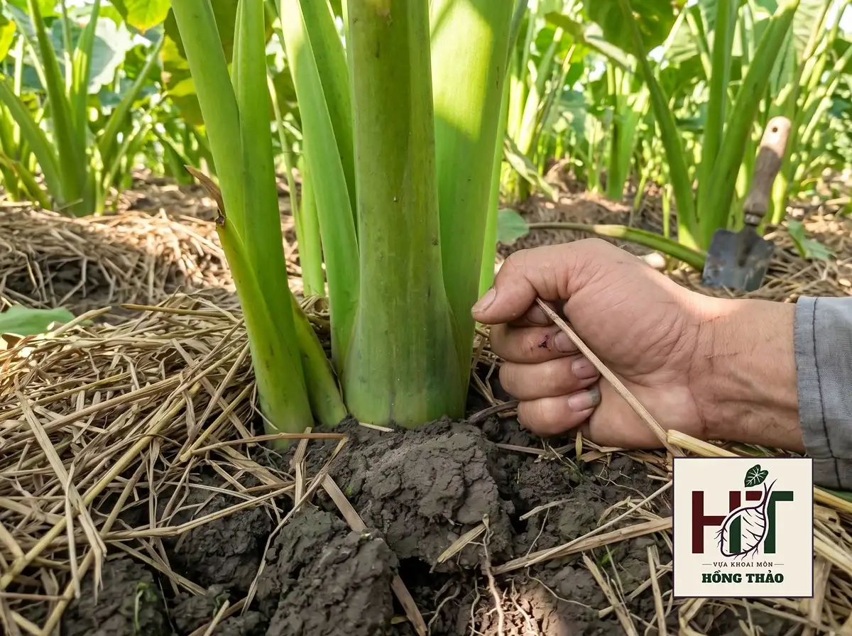 Nông dân kiểm tra gốc khoai môn chỉ tím vươn to khỏe mạnh trên luống đất phủ rơm.