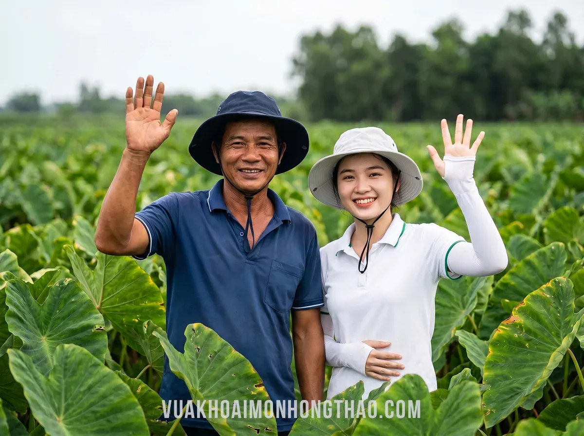Nông dân và kỹ sư vẫy chào giữa ruộng khoai môn sinh trưởng tốt tại Đồng Tháp