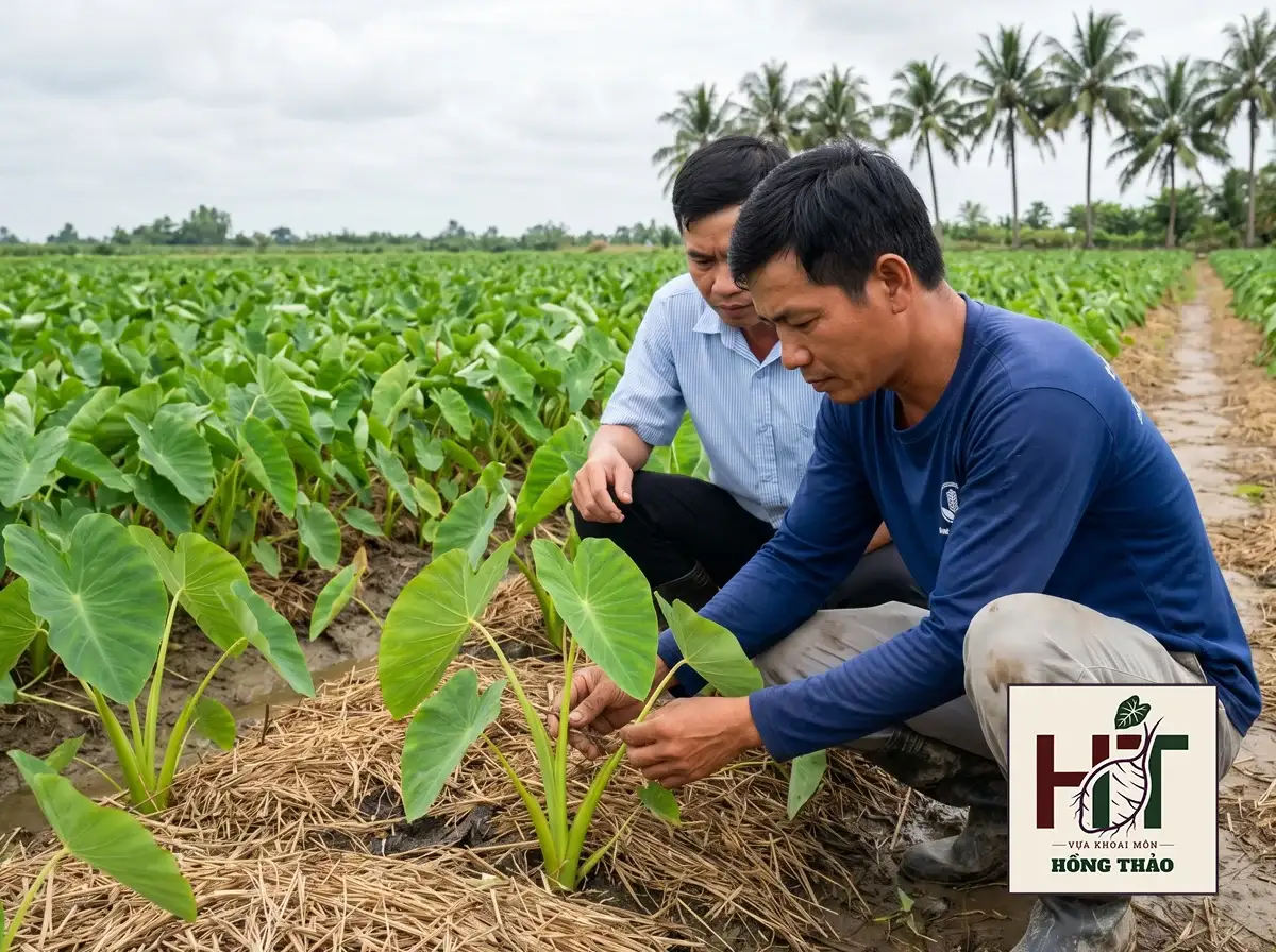 Kỹ sư nông nghiệp hướng dẫn nông dân kiểm tra sâu bệnh trên lá khoai môn chỉ tím.
