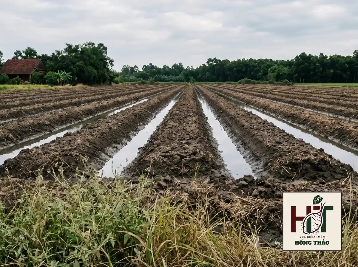 Kỹ thuật lên líp cao và thiết kế rãnh thoát nước chuẩn bị trồng khoai môn tại Đồng Tháp.