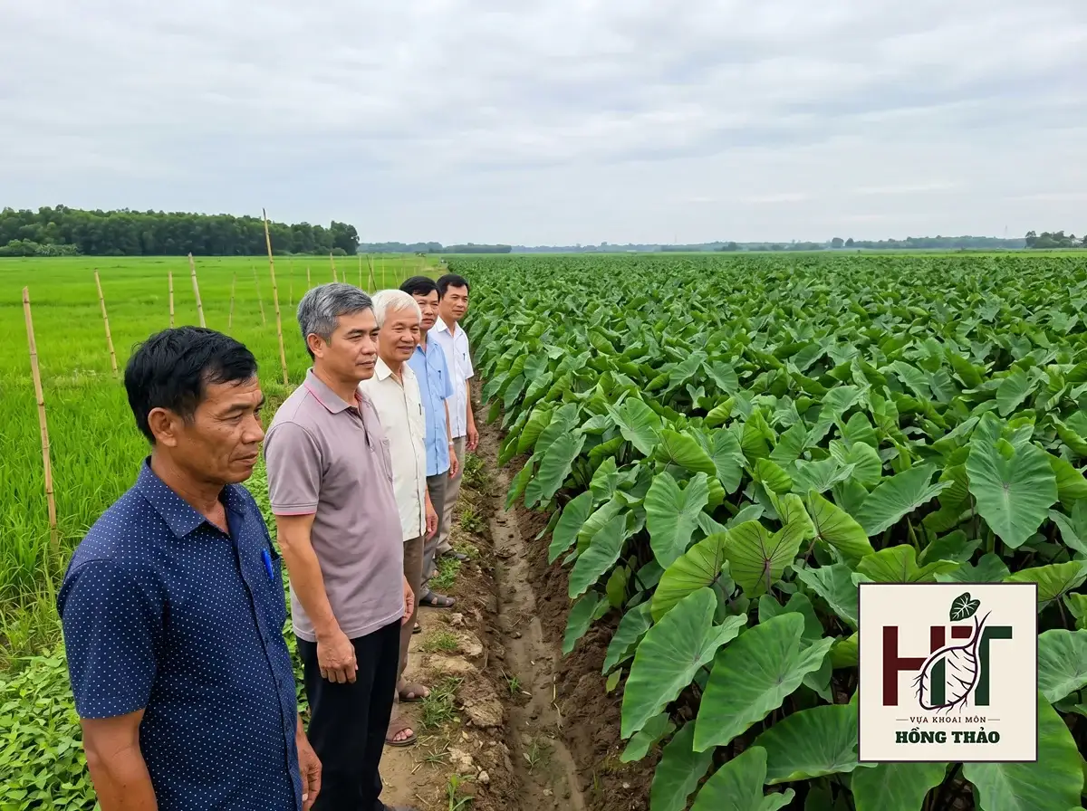 Đoàn cán bộ và nông dân khảo sát mô hình trồng khoai môn Đồng Tháp chuyển đổi từ đất lúa.