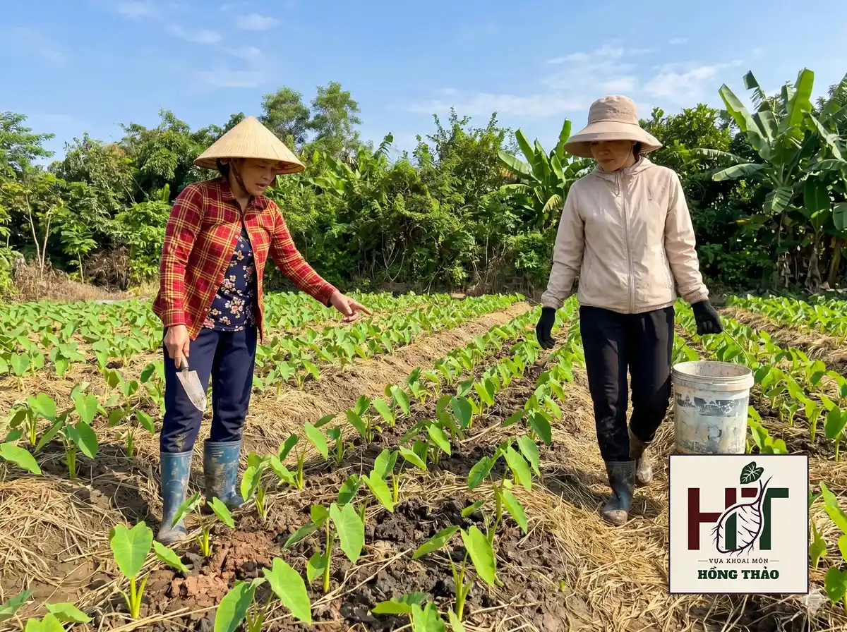Nông dân Đồng Tháp thăm đồng, chăm sóc thủ công luống khoai môn chỉ tím đang phát triển.