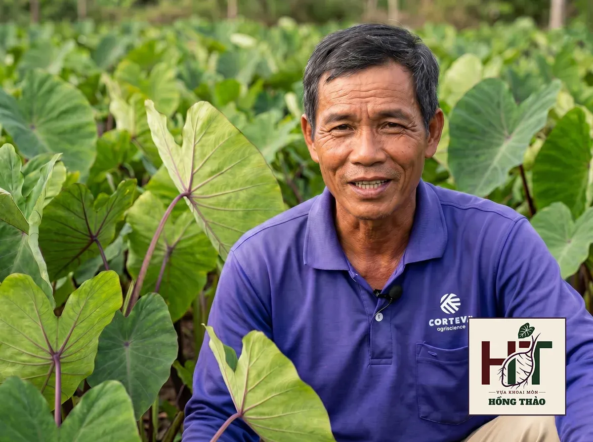 Người nông dân Đồng Tháp rạng rỡ giữa ruộng khoai môn chỉ tím vươn lá khỏe mạnh.