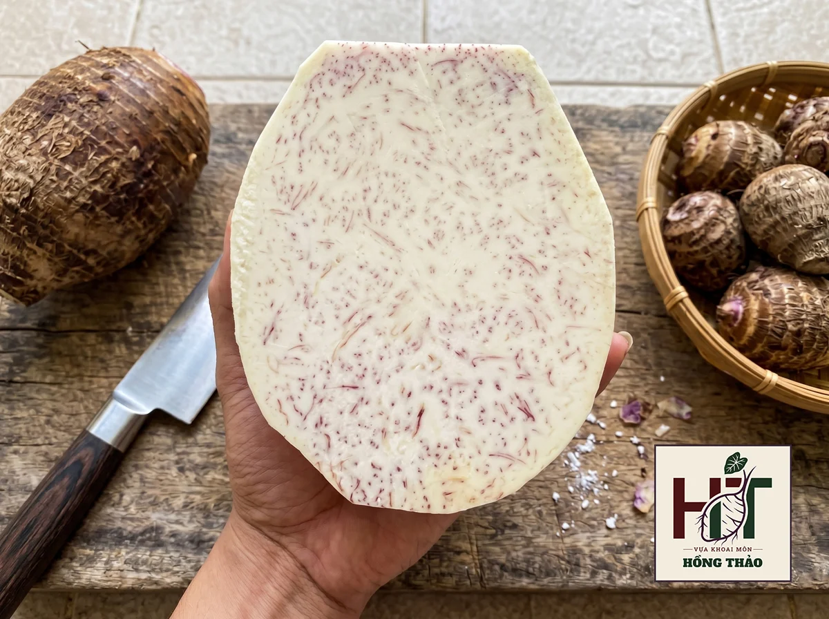 Nửa củ khoai môn chỉ tím đã gọt vỏ và bổ đôi lộ thịt trắng tinh với đường gân tím đẹp mắt trên thớt gỗ.