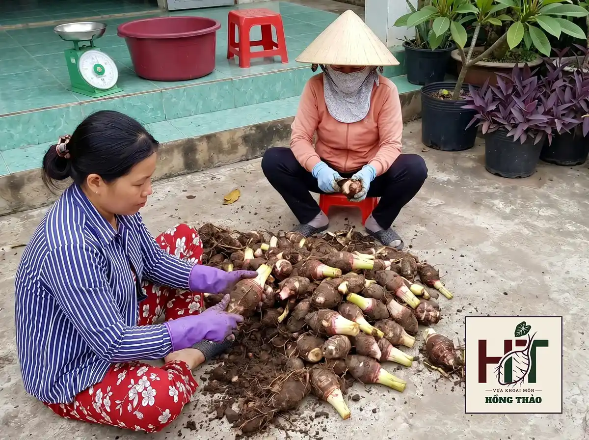 Hai người nông dân đang cắt gọt rễ làm sạch củ khoai môn chỉ tím sau thu hoạch.