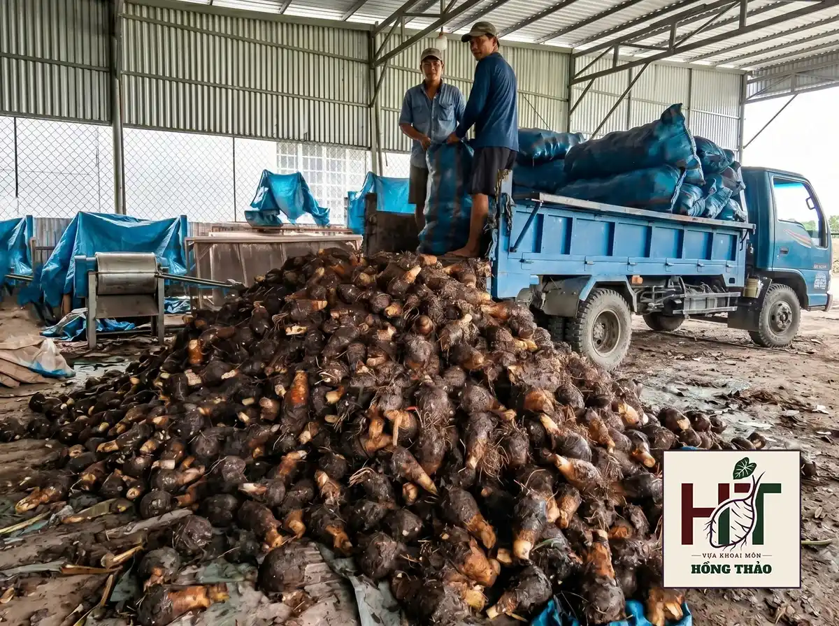 Công nhân bốc xếp khoai môn chỉ tím vỏ đen lên xe tải tại vựa Hồng Thảo.