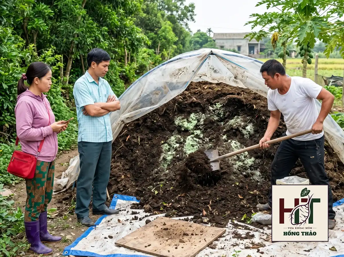 Nông dân trộn phân bò hoai mục với nấm Trichoderma để bón lót cho ruộng khoai môn.