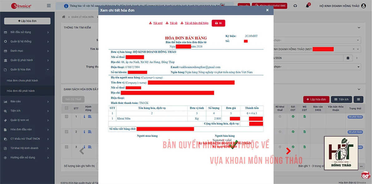 Hóa đơn điện tử hợp lệ của vựa khoai môn xuất cho đối tác doanh nghiệp chứng minh sự minh bạch.