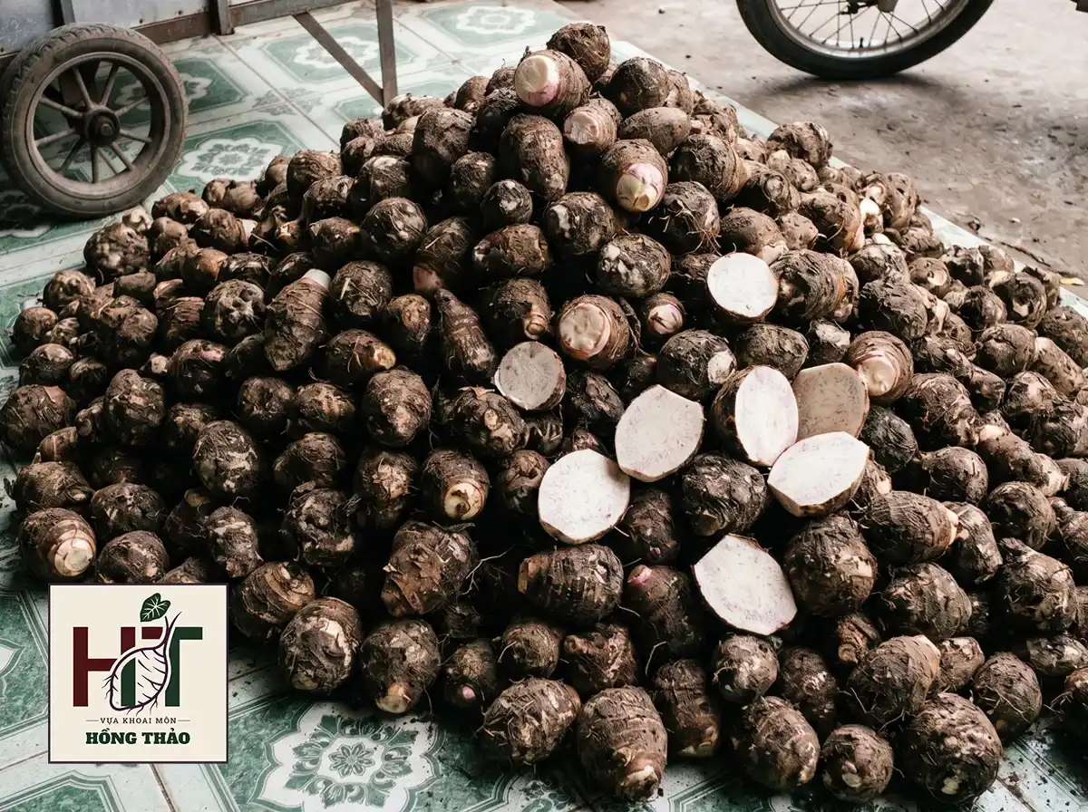 Đống khoai môn củ trung chỉ tím vỏ đen, cắt lát lộ ruột trắng vân tím kiểm tra chất lượng tại vựa.