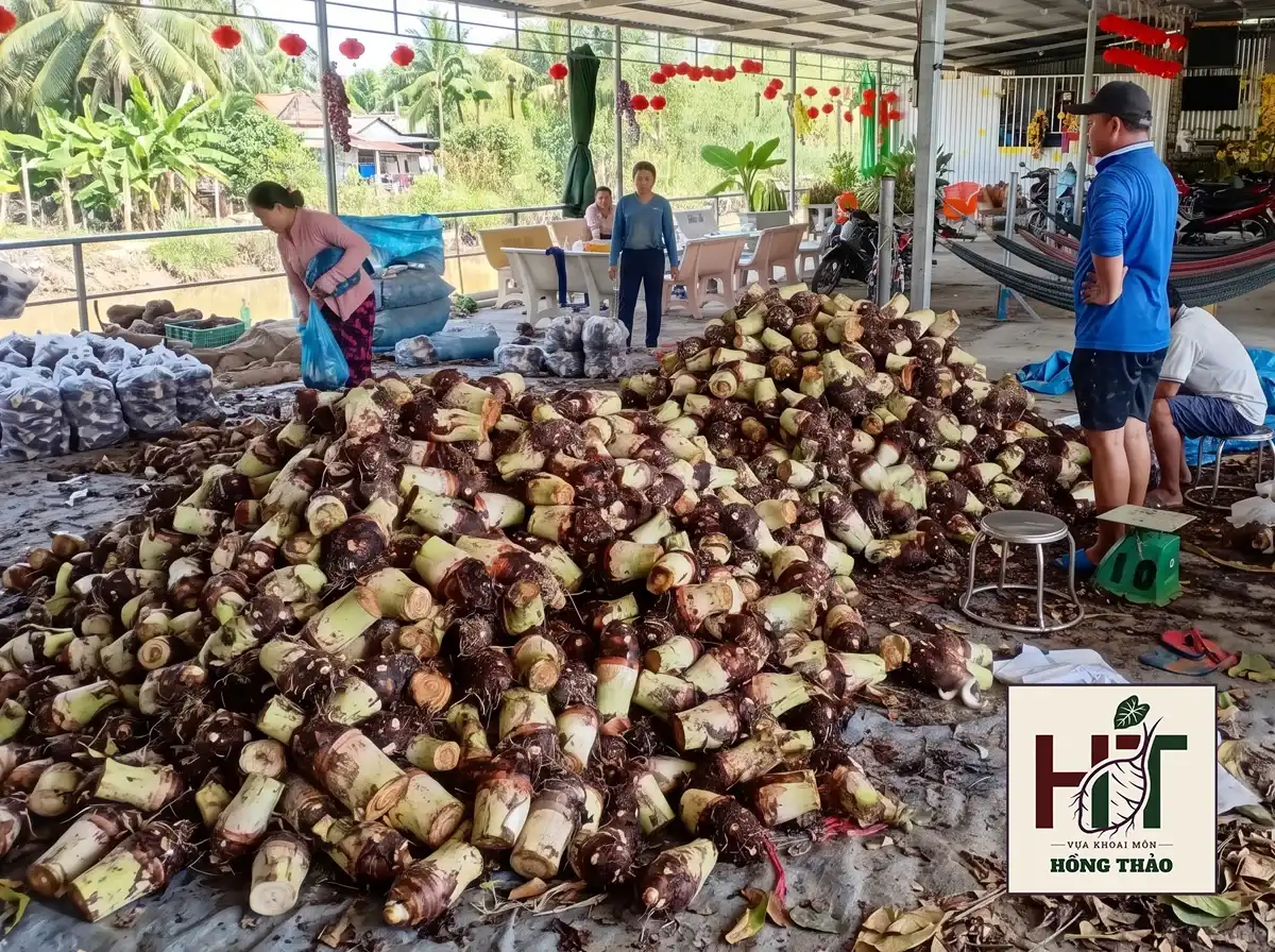 Hình ảnh thực tế tại bãi tập kết của tổng vựa nông sản Hồng Thảo. Đội ngũ nhân công đang tiến hành cân trọng lượng và phân loại hàng tấn củ khoai môn tươi mới thu hoạch để chuẩn bị giao sỉ cho các đối tác B2B.