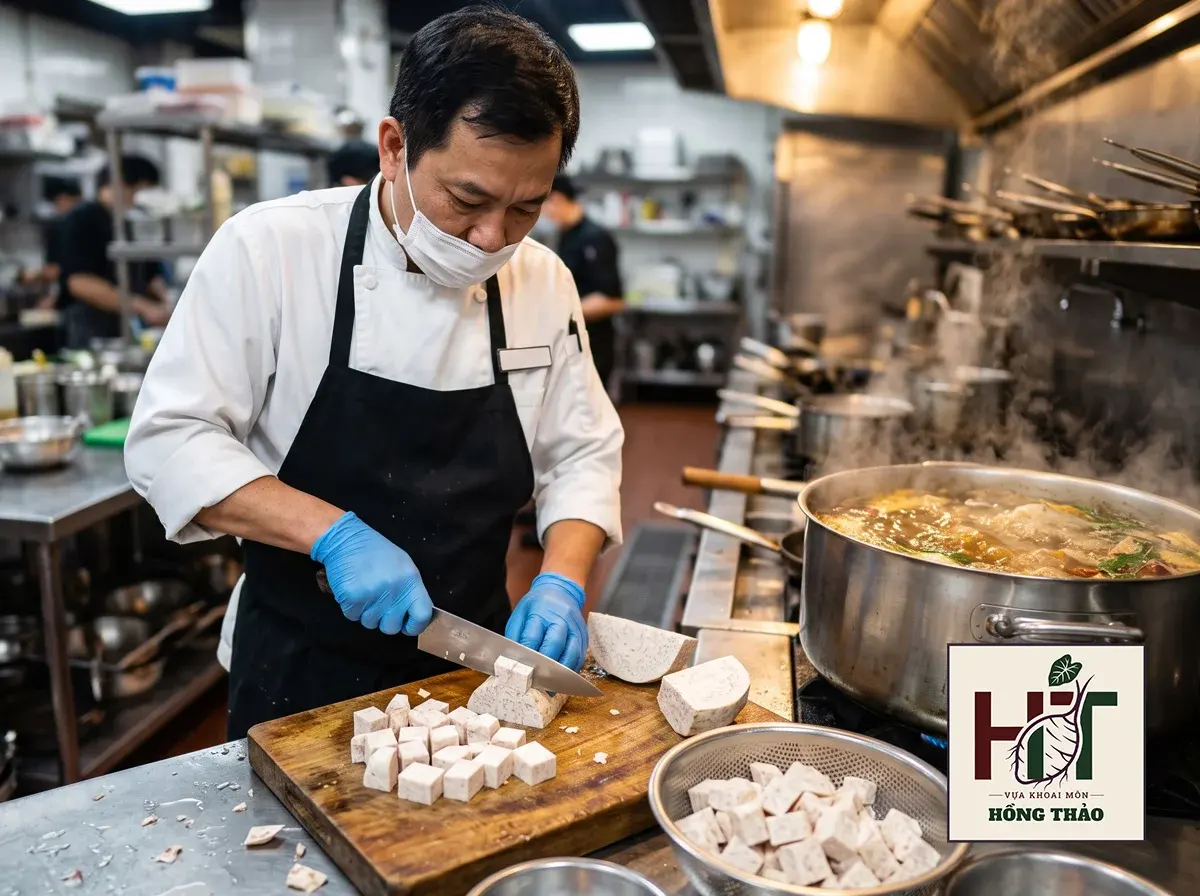 Đầu bếp chuyên nghiệp tại bếp ăn công nghiệp đang thái hạt lựu khoai môn chỉ tím với đặc trưng ruột trắng vân tím, chuẩn bị nguyên liệu F&B nấu súp.