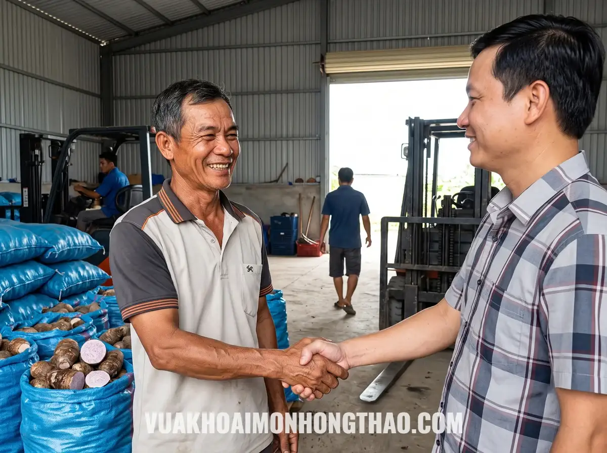 Hai đại diện bắt tay tại kho tập kết nông sản, cạnh những bao tải khoai môn cắt ngang lộ rõ mặt cắt đặc ruột vân tím, phía sau là xe nâng và công nhân.