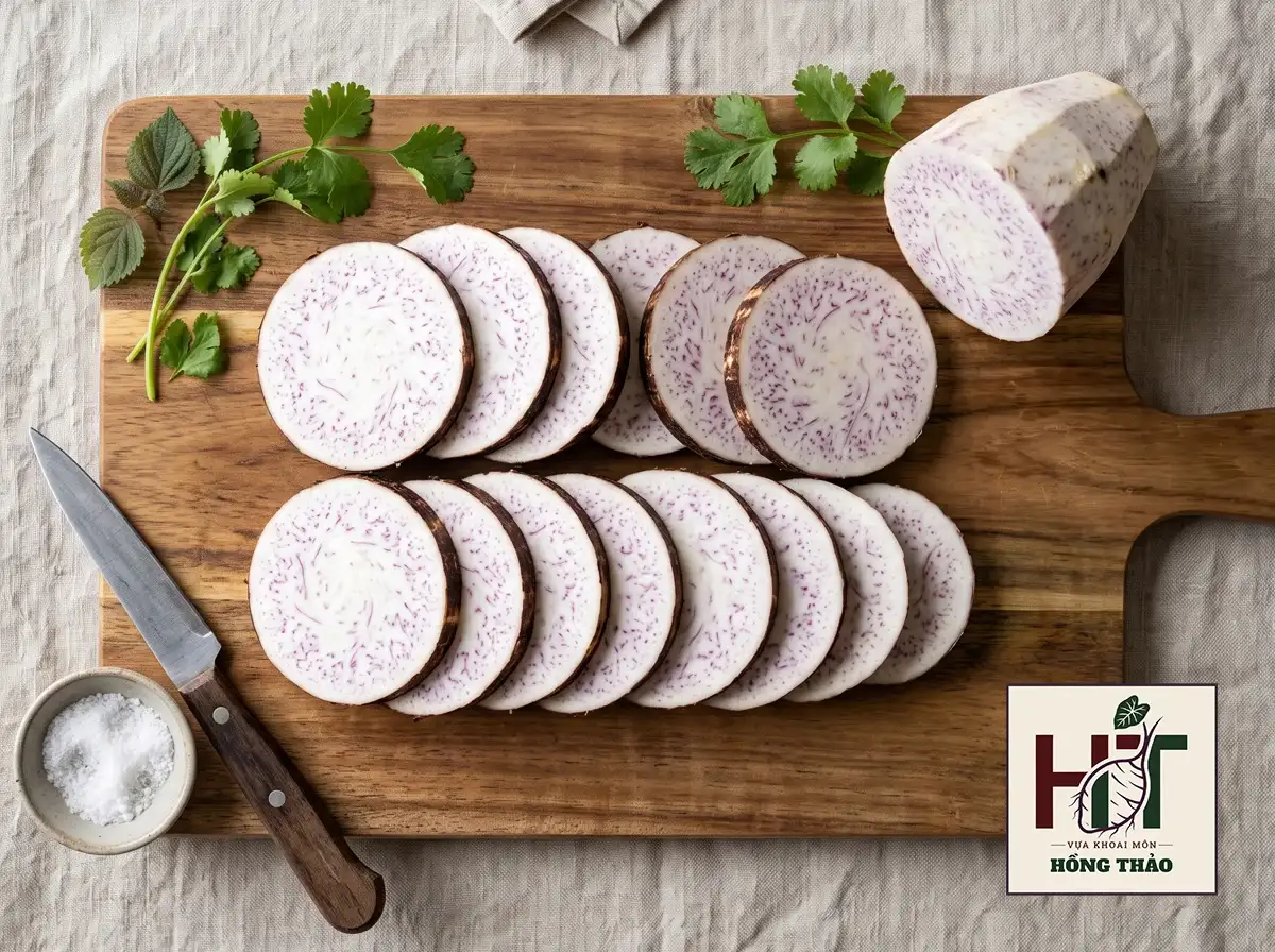 Cận cảnh các lát khoai môn size đại được thái mỏng trên thớt gỗ bên cạnh dao và muối, phô diễn cấu trúc thịt củ đặc ruột, bở tơi cùng mật độ vân tím hoa sim phân bổ đồng đều, cam kết kiểm soát tốt rủi ro sượng nước.